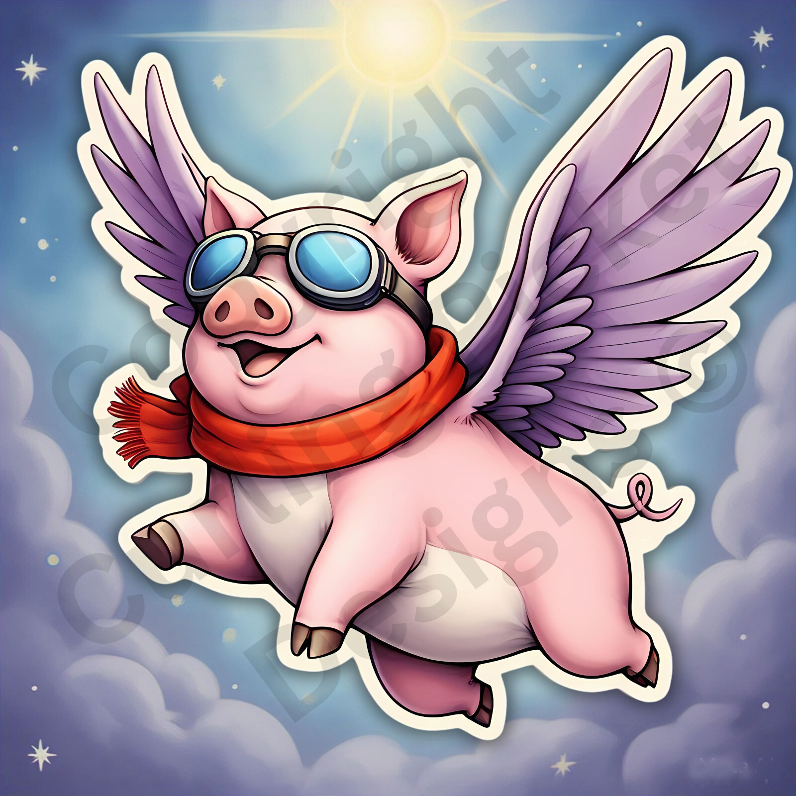 Funny Flying Pink Pig Wearing A Scarf And Goggles Cute 3" Vinyl Sticker