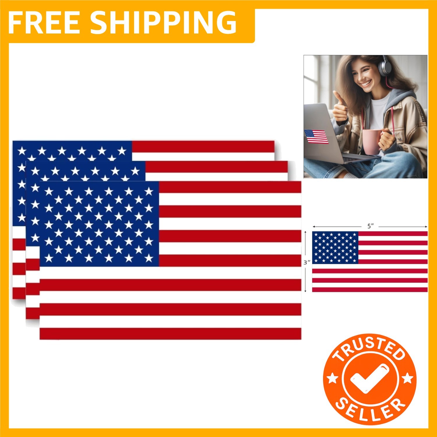 Reflective American Flag Stickers – 3-Pack, 5×3 Inches – Durable & Waterproof…