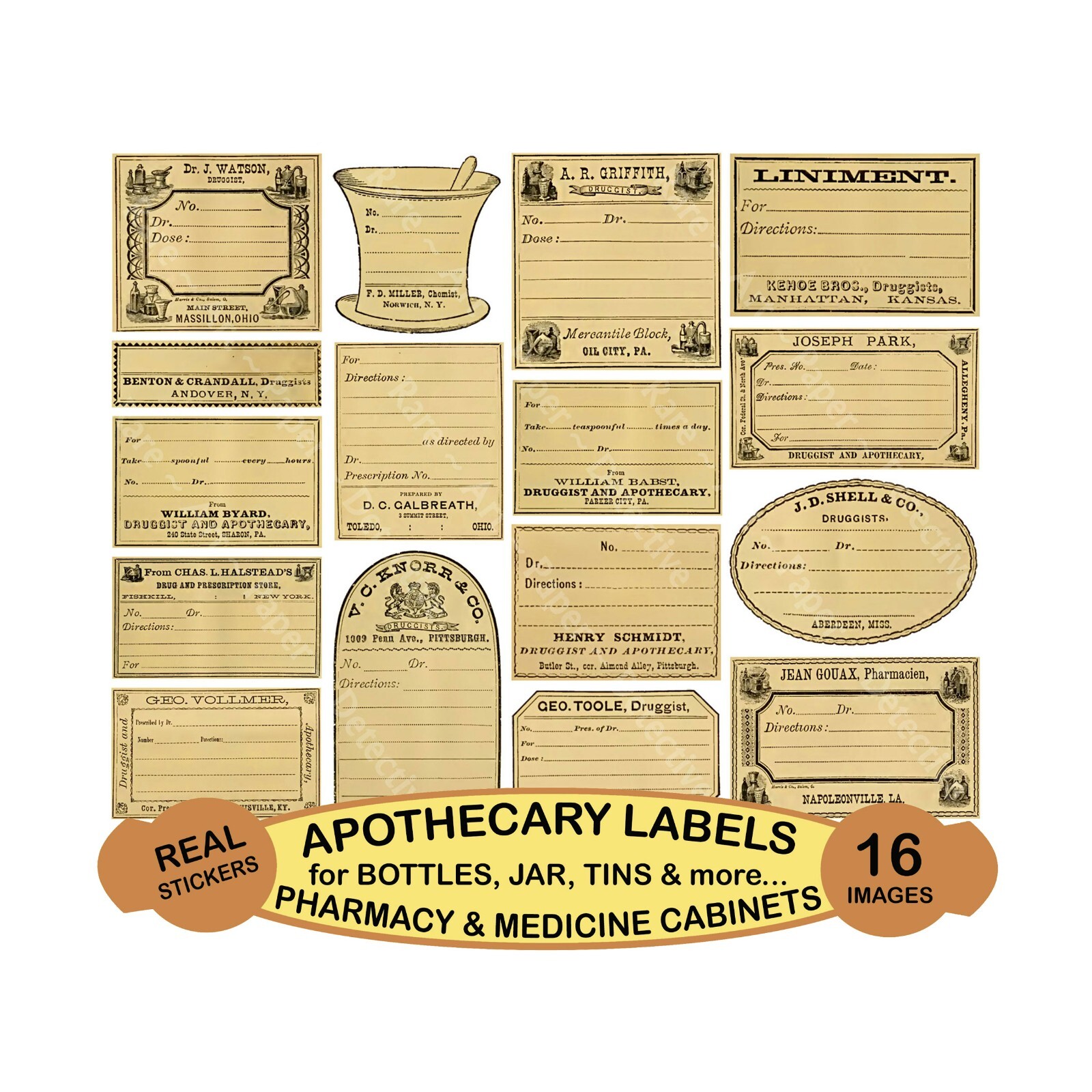 Apothecary & Pharmacy Stickers, Blank Medicine Labels, Cut & Peel Sheet 824