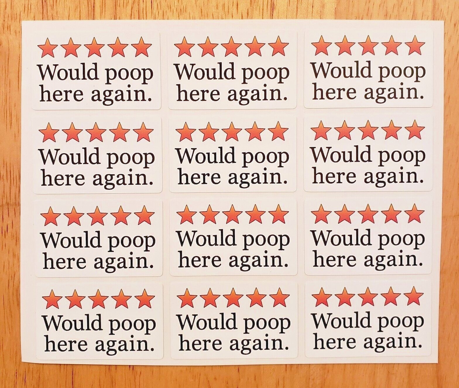 Would Poop Here Again Five 5 stars sticker set 12x decals 1"x1.5" Waterproof