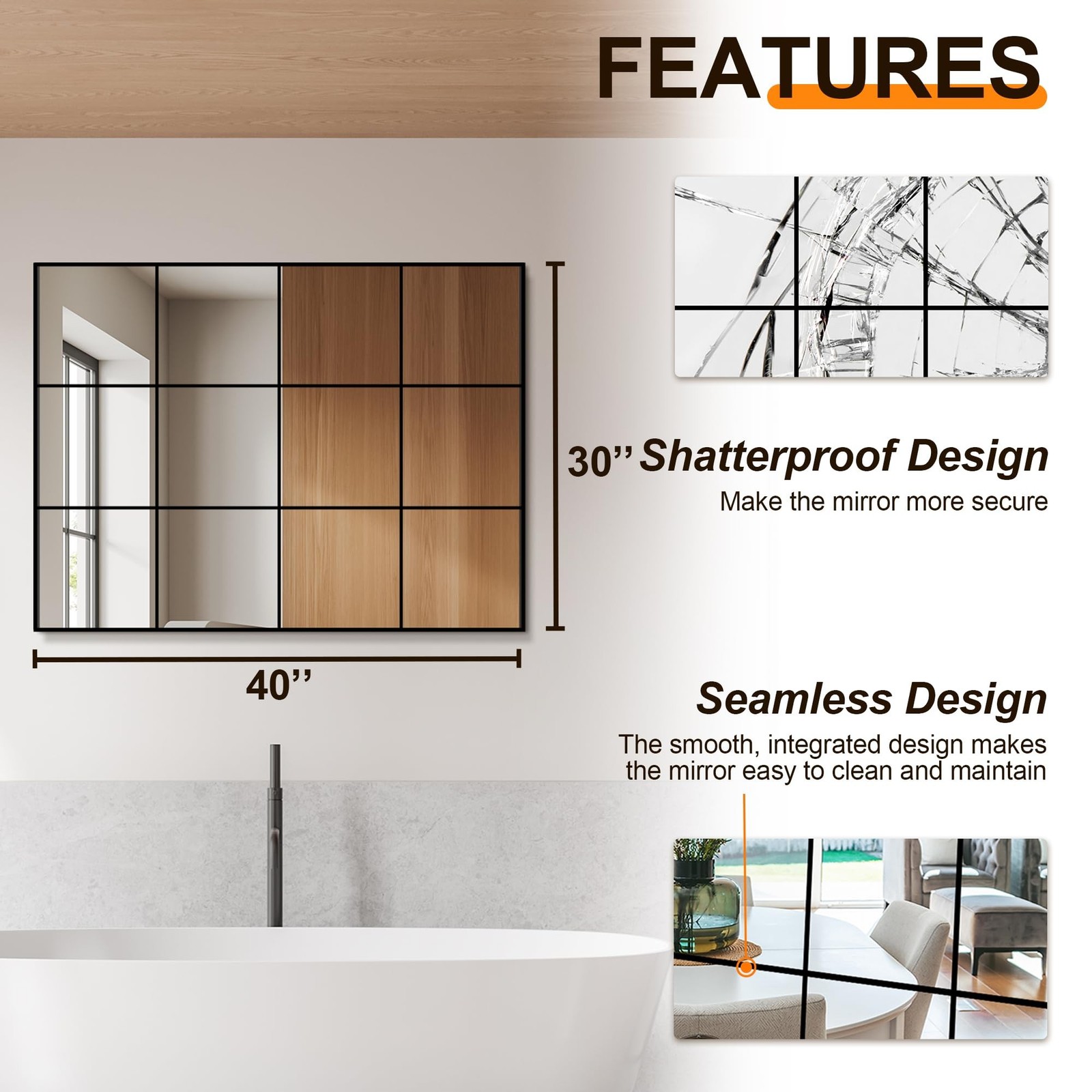 Delma Wall Mirror, 40"X30" Window Pane for Living Room Decor, Decorative Wall…