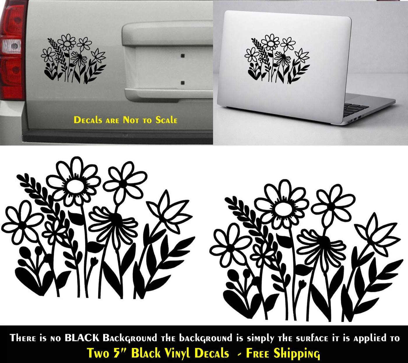 Wildflowers Two 5" Black Decals Windows Car Vehicle Glass Door Any Flat Surface