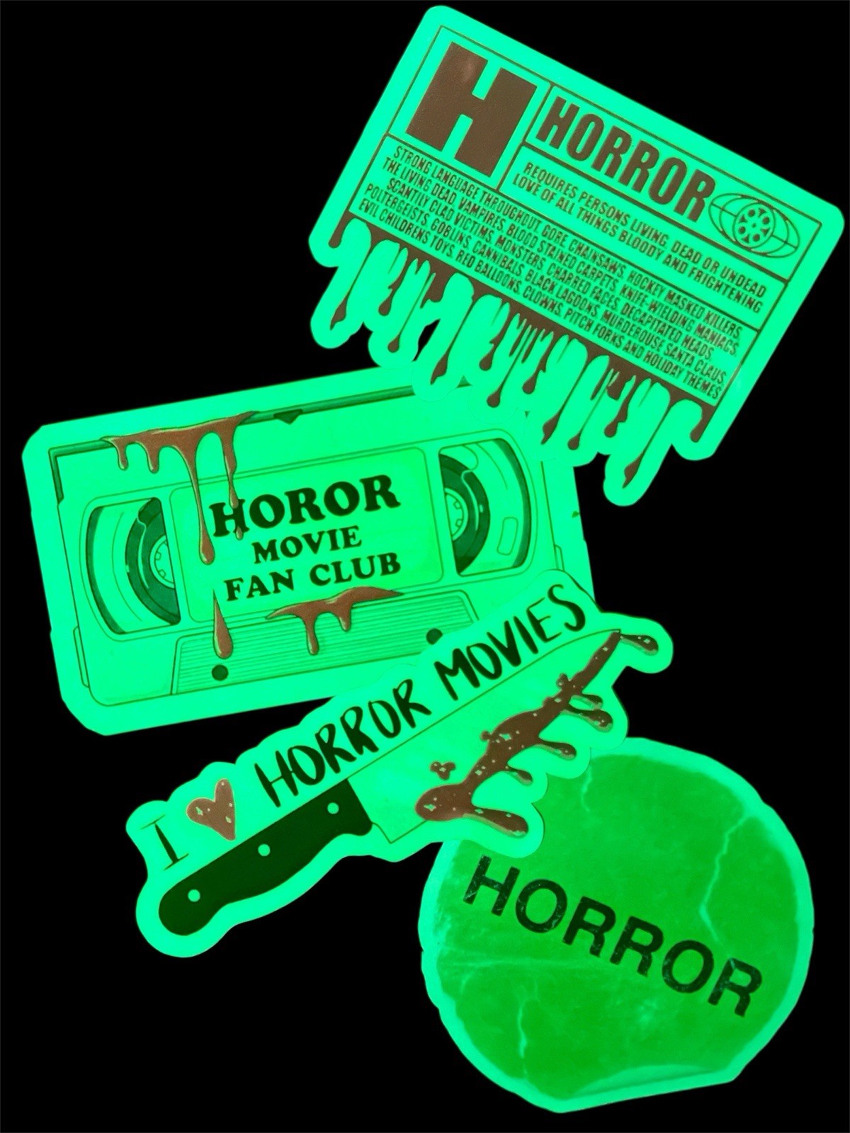 Horror Sticker Pack Glow in Dark 4pc | Creepy Cute VHS Knife Waterproof Stickers