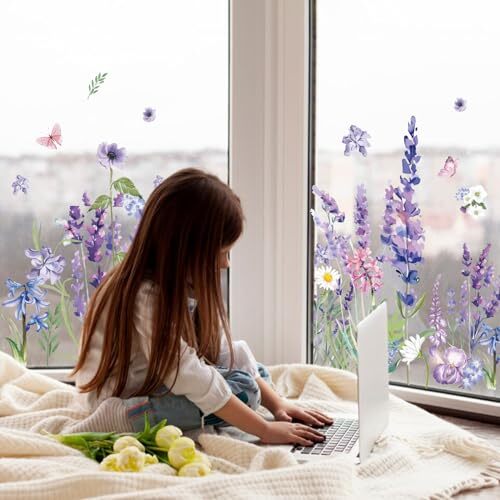 69Pcs Spring Summer Lavender Window Clings Blooming Lavender Butterfly Window