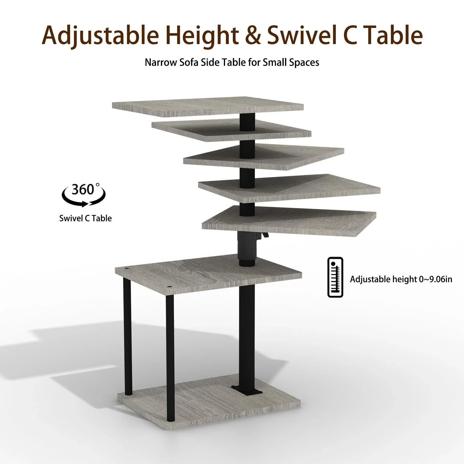 Swivel Side Table for Couch Arm Height Adjustable C for Recliner or Bed Tv Trays