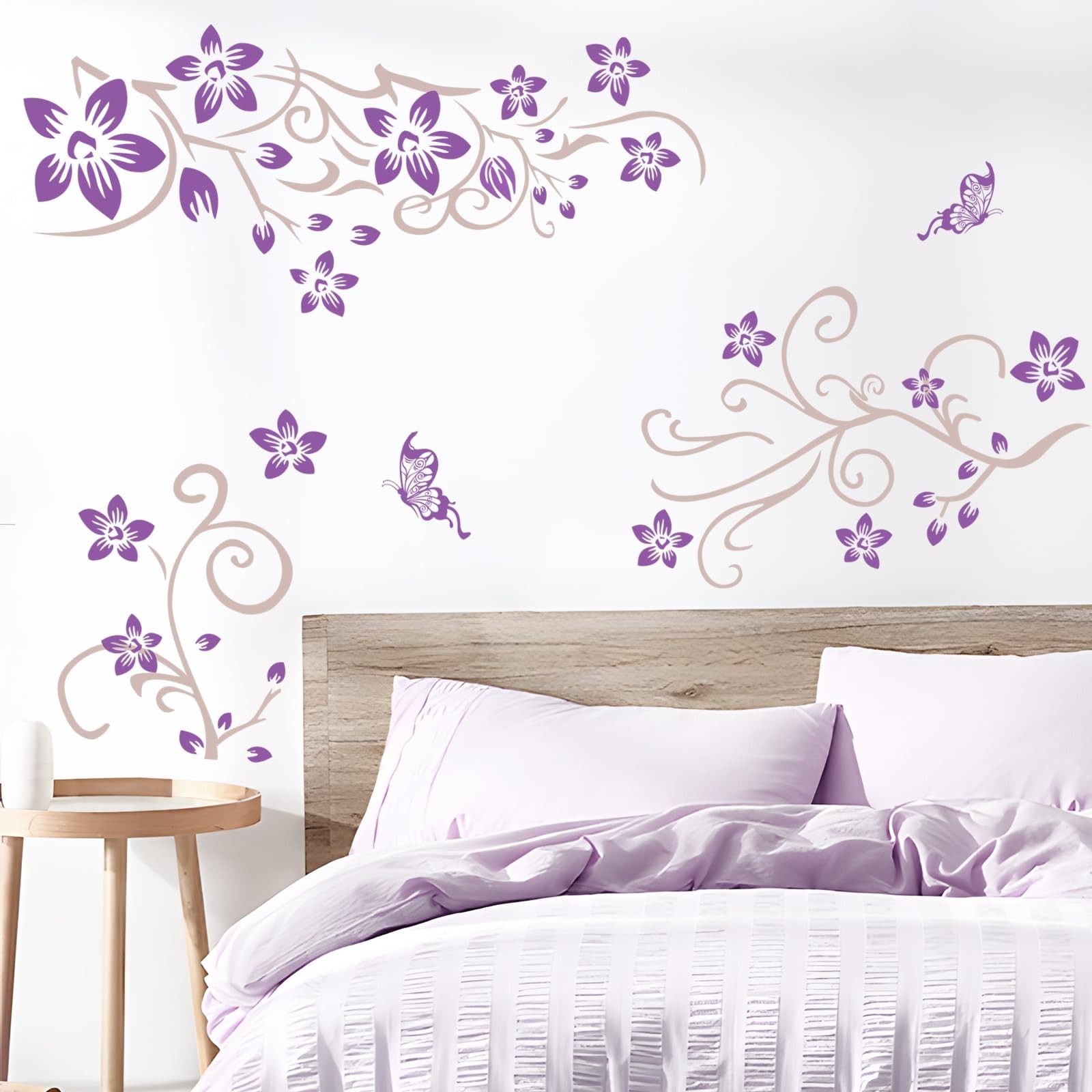 Supzone Flowers Vine Wall Decals Purple Flowers Wall Stickers Butterfly Wall Dec