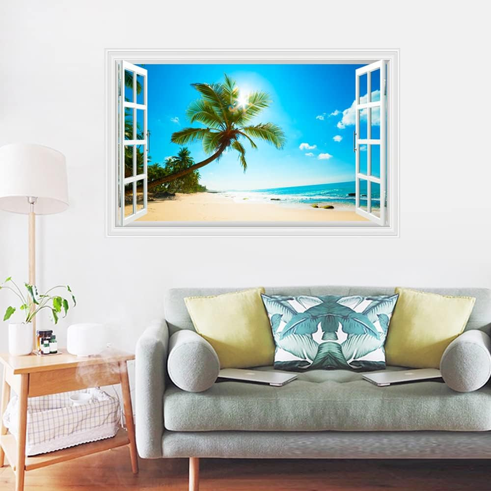 Fake Windows Wall Sticker, Removable 3D Beach Seascape Faux Windows Wall Decals