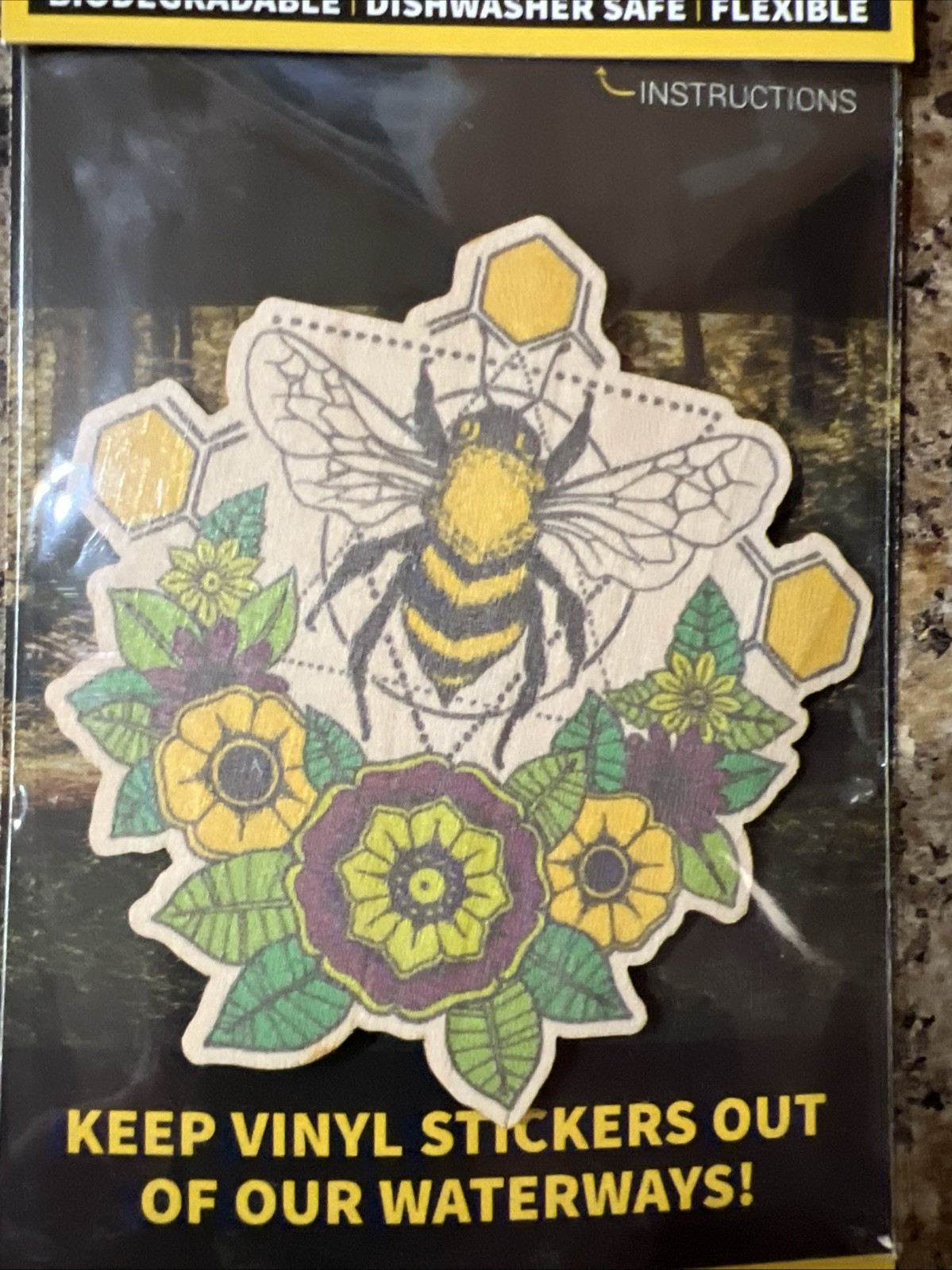 Honey Bee Flower Hippie WOOD Sticker Dishwasher SAFE Biodegradable Dust City NEW