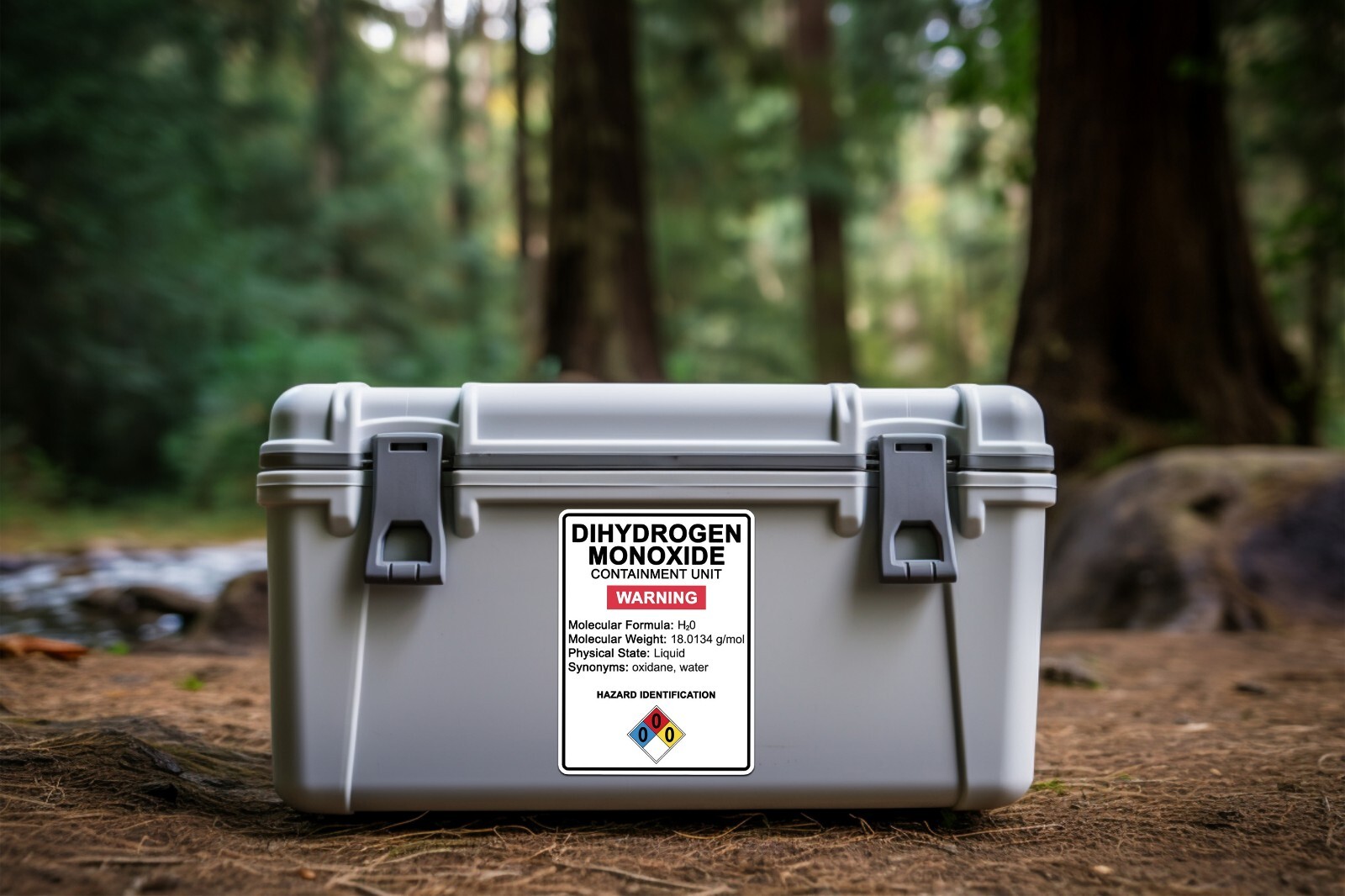 dihydrogen monoxide sticker, funny science meme, H2O warning label, nerdy chemis