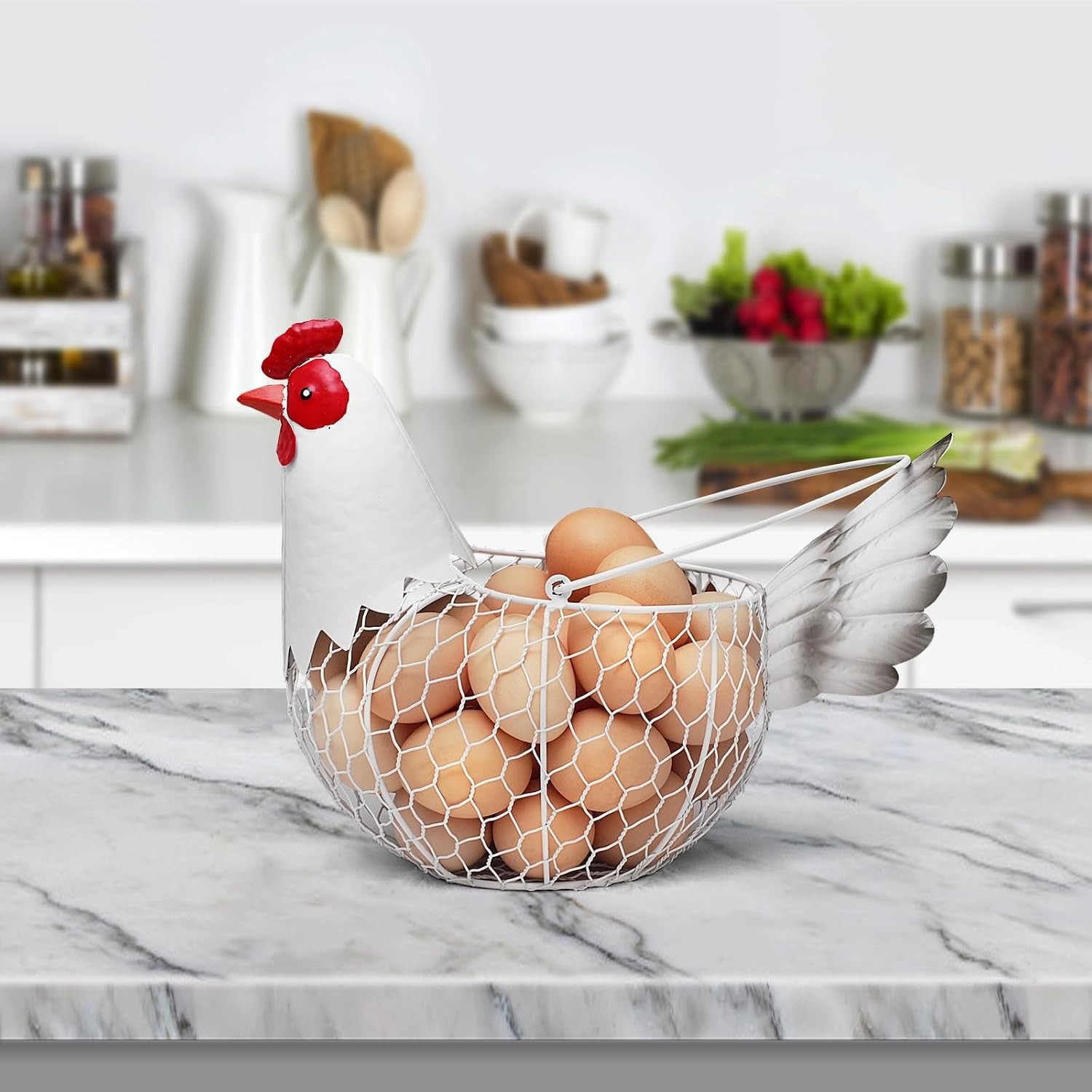 Farmhouse Rustic White Chicken Wire Metal Egg Basket with Handle,Vintage Rooster