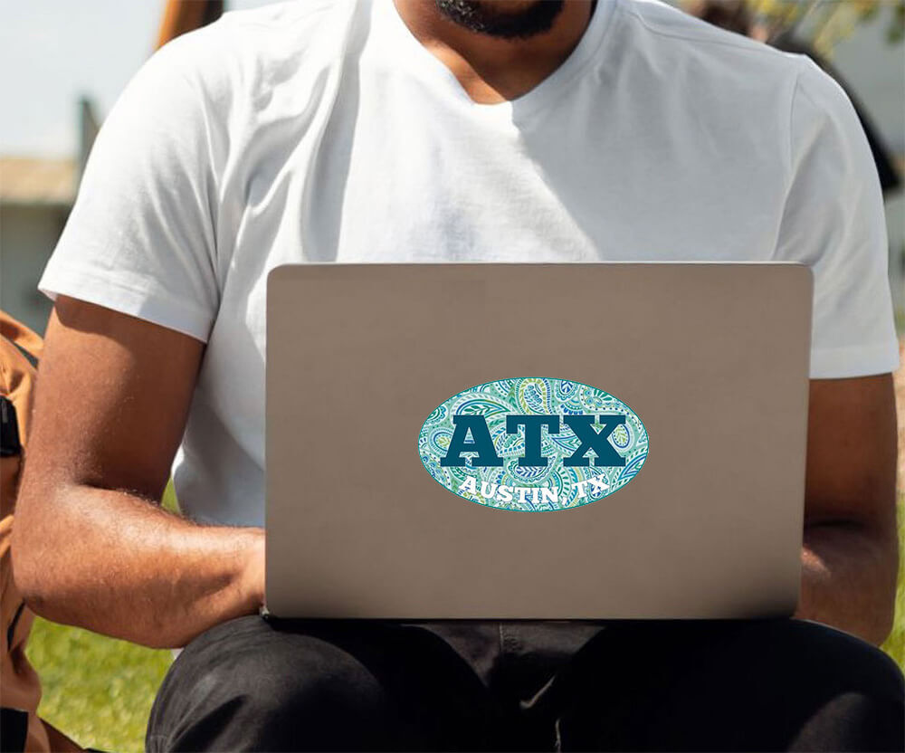ATX Austin TX Paisley Oval – Postcard Sized Vinyl Sticker 6" x 3.5"