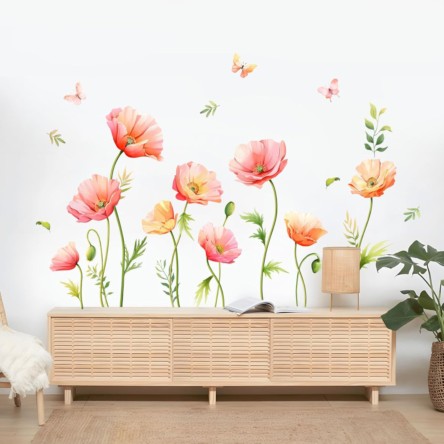 Large Pink Floral Wall Decals Poppy Flower Butterfly Multi-colored