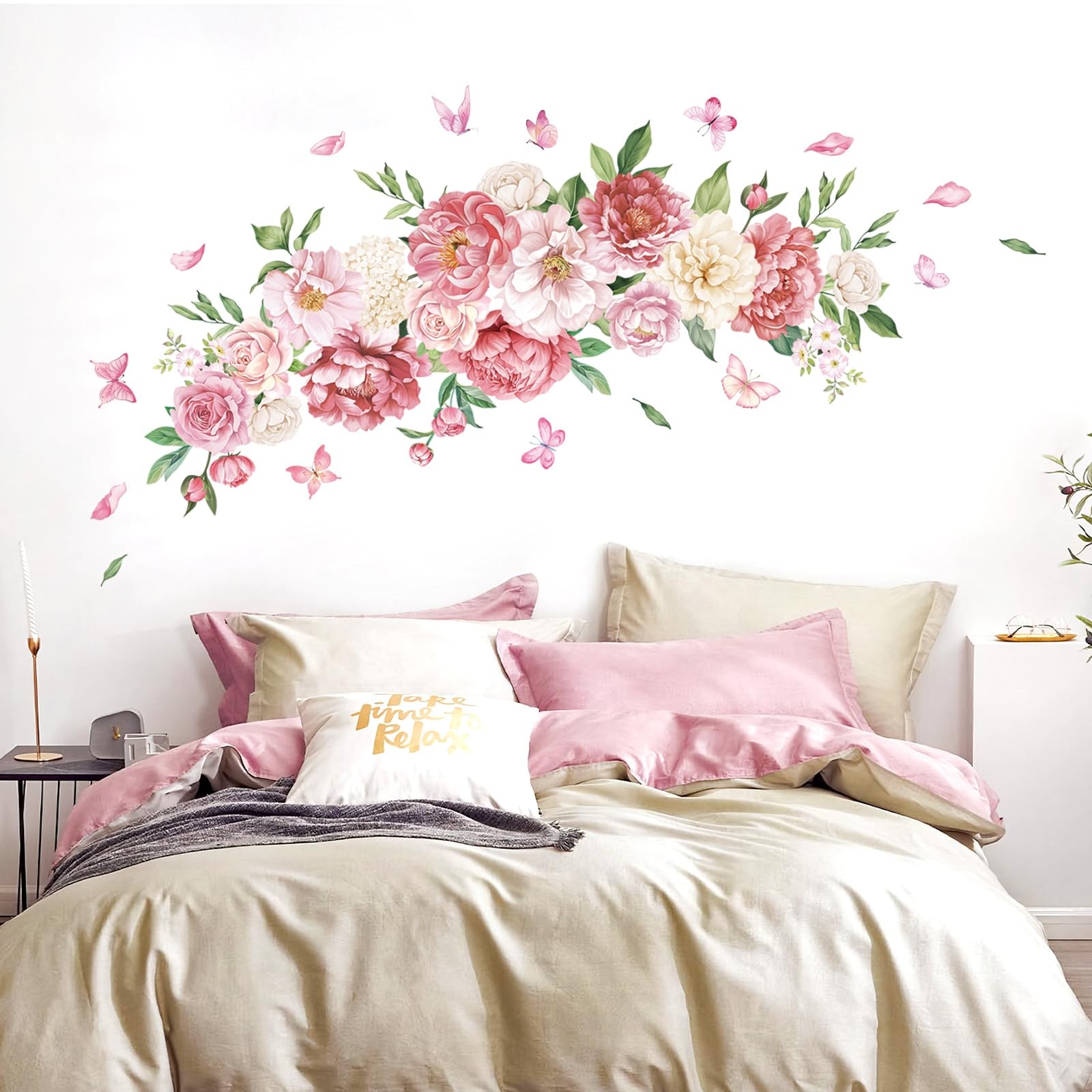 Peony Watercolor Wall Stickers Pink & White Floral Wall Decals Botanical Peel