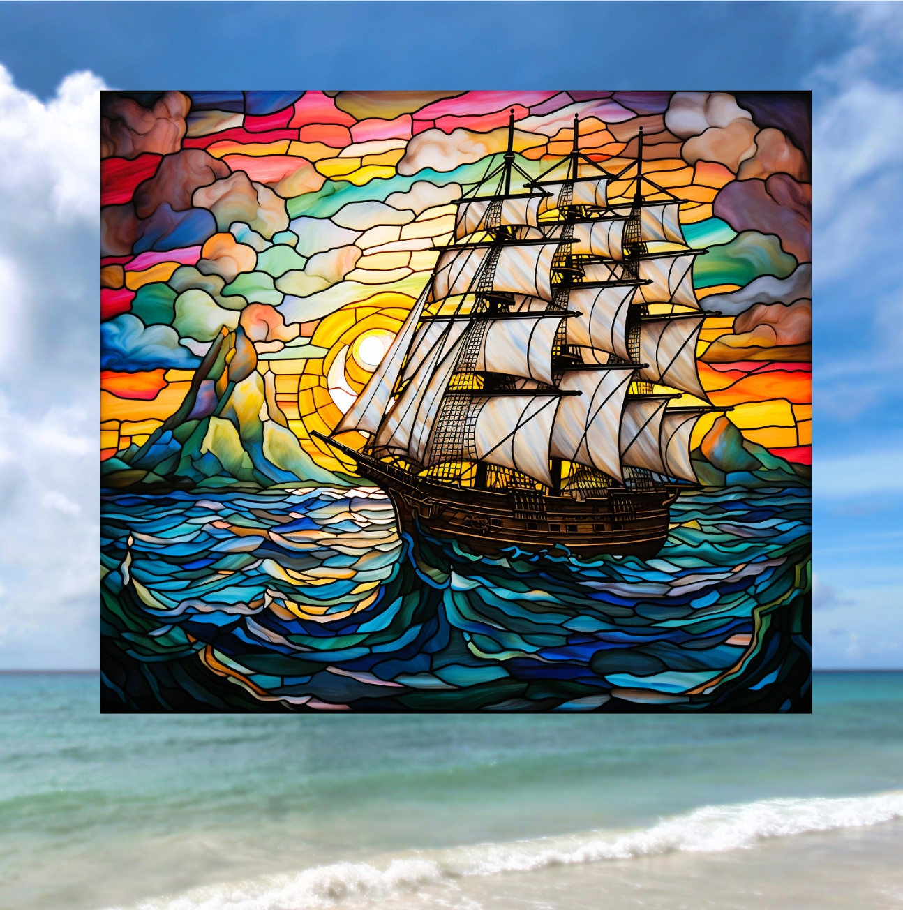 Sailing Ship at Sunset Faux Stained-Glass WINDOW CLING Size 9.1" Vinyl