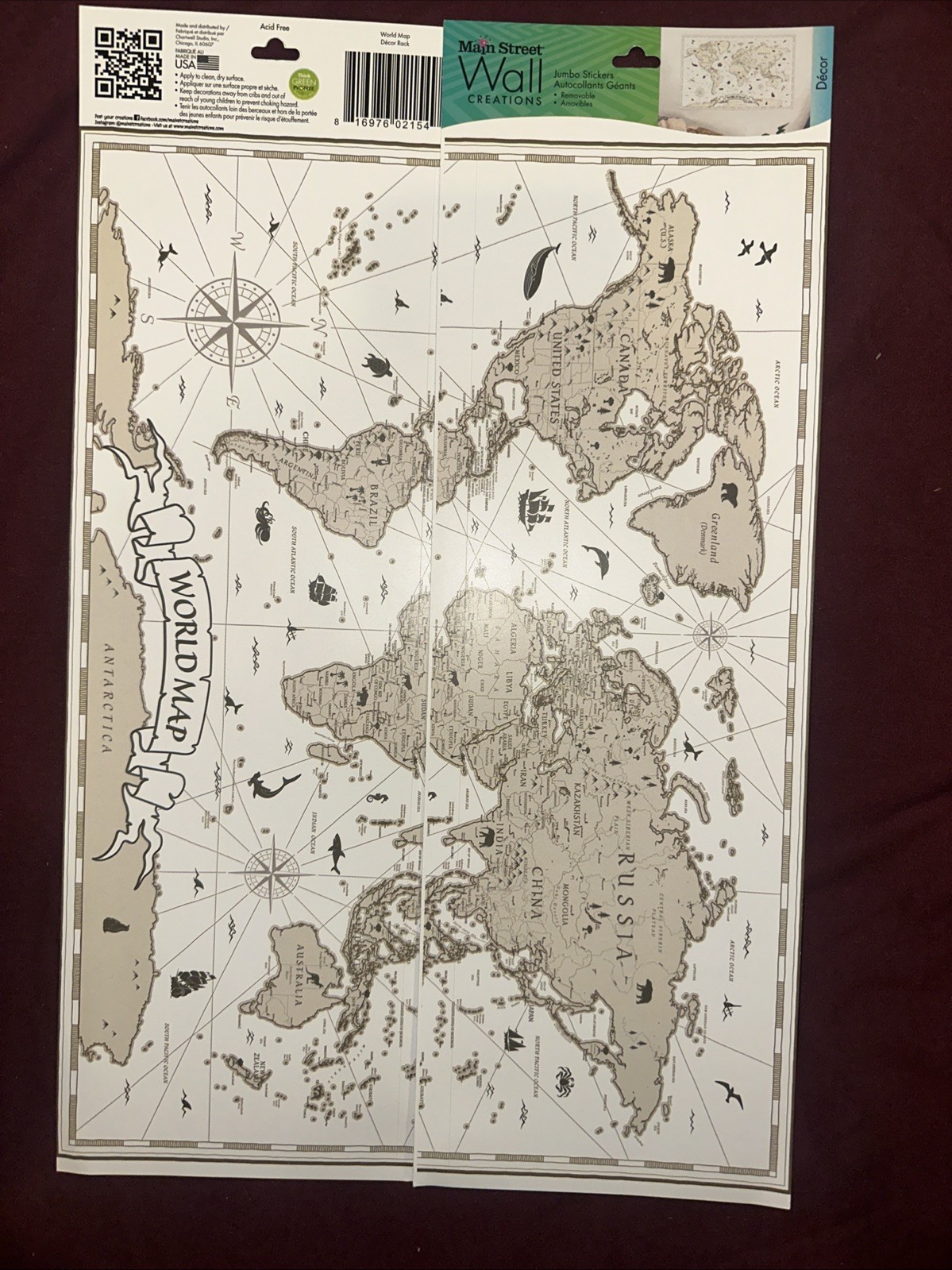 "World Map" Jumbo Removable Sticker-Main Street Wall Creations~New