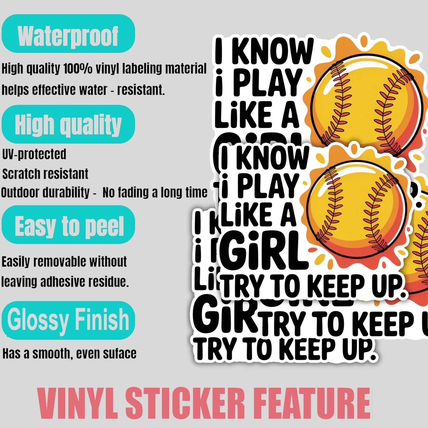 Funny Softball Girl Power Stickers: Waterproof Vinyl Decals – 4 Pack