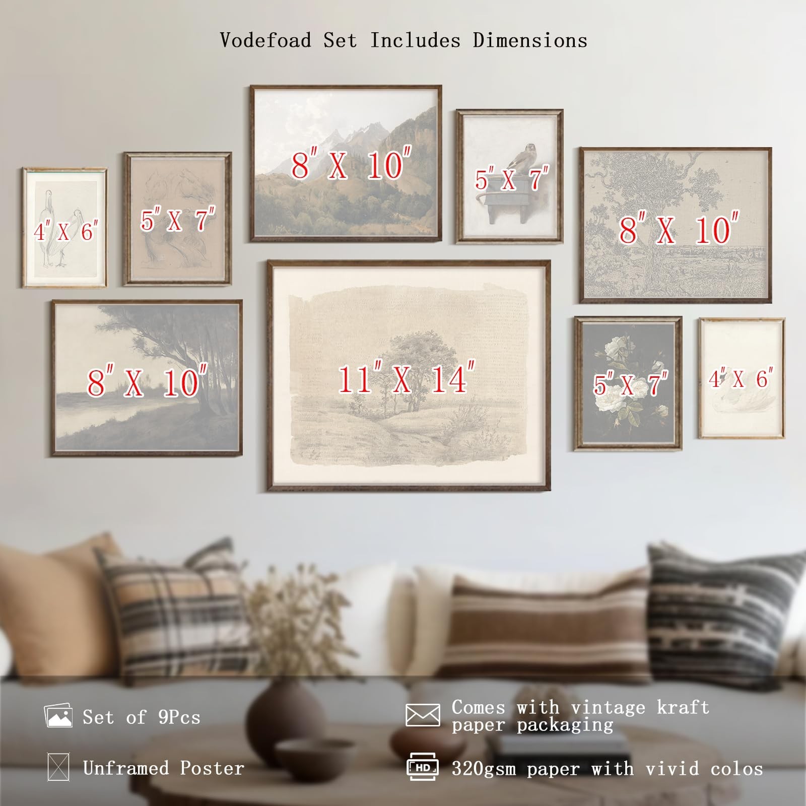 9Pcs Vintage Gallery Wall Art Decor Prints Neutral Farmhouse Wall Decor Natur…