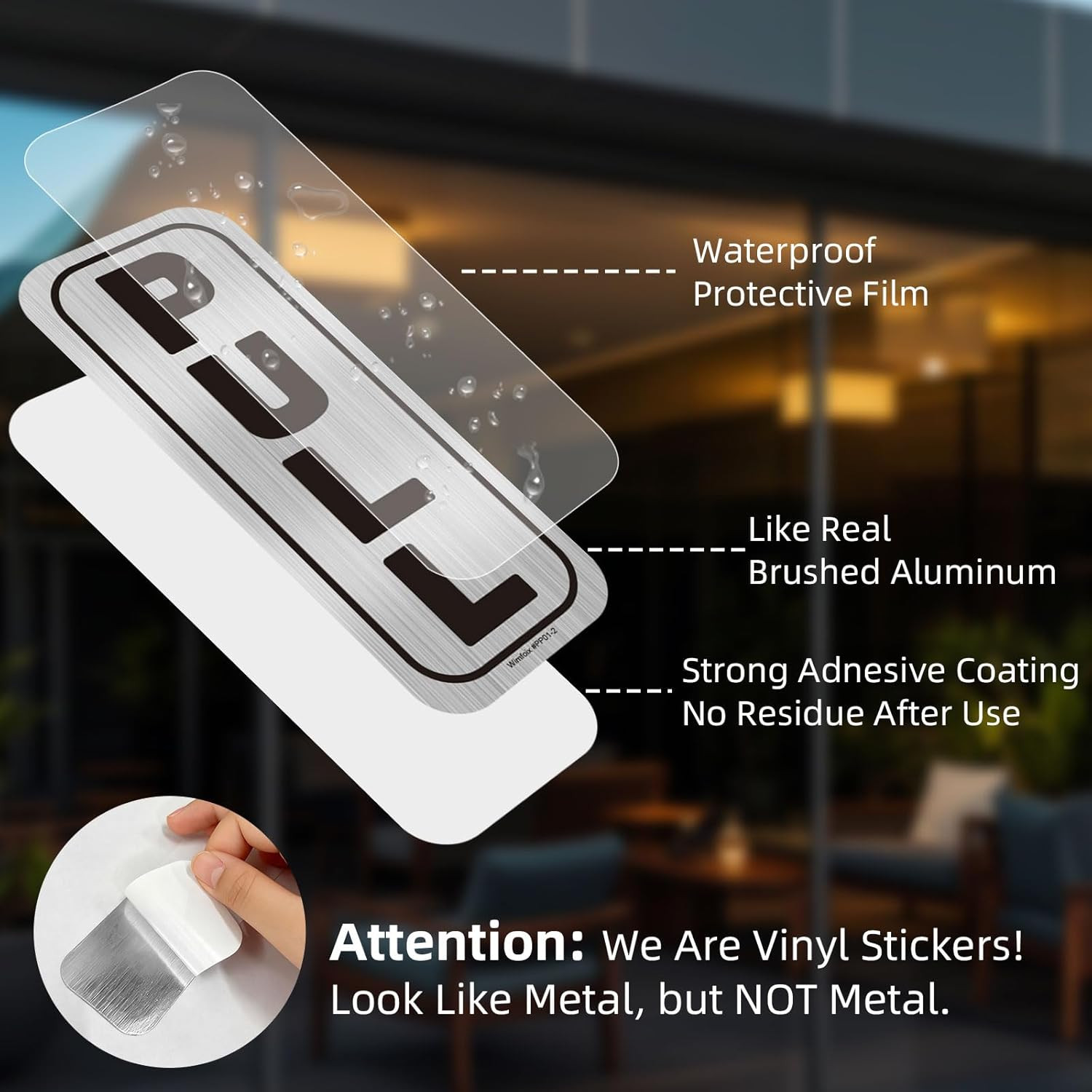 Push Pull Door Stickers 4 Pack (2 Sets), Premium Vinyl Brushed Silver Finish 2X5