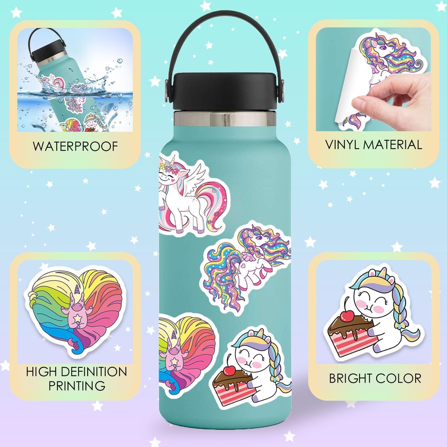 Unicorns Stickers 100 Pcs Waterproof Vinyl for Water Bottles