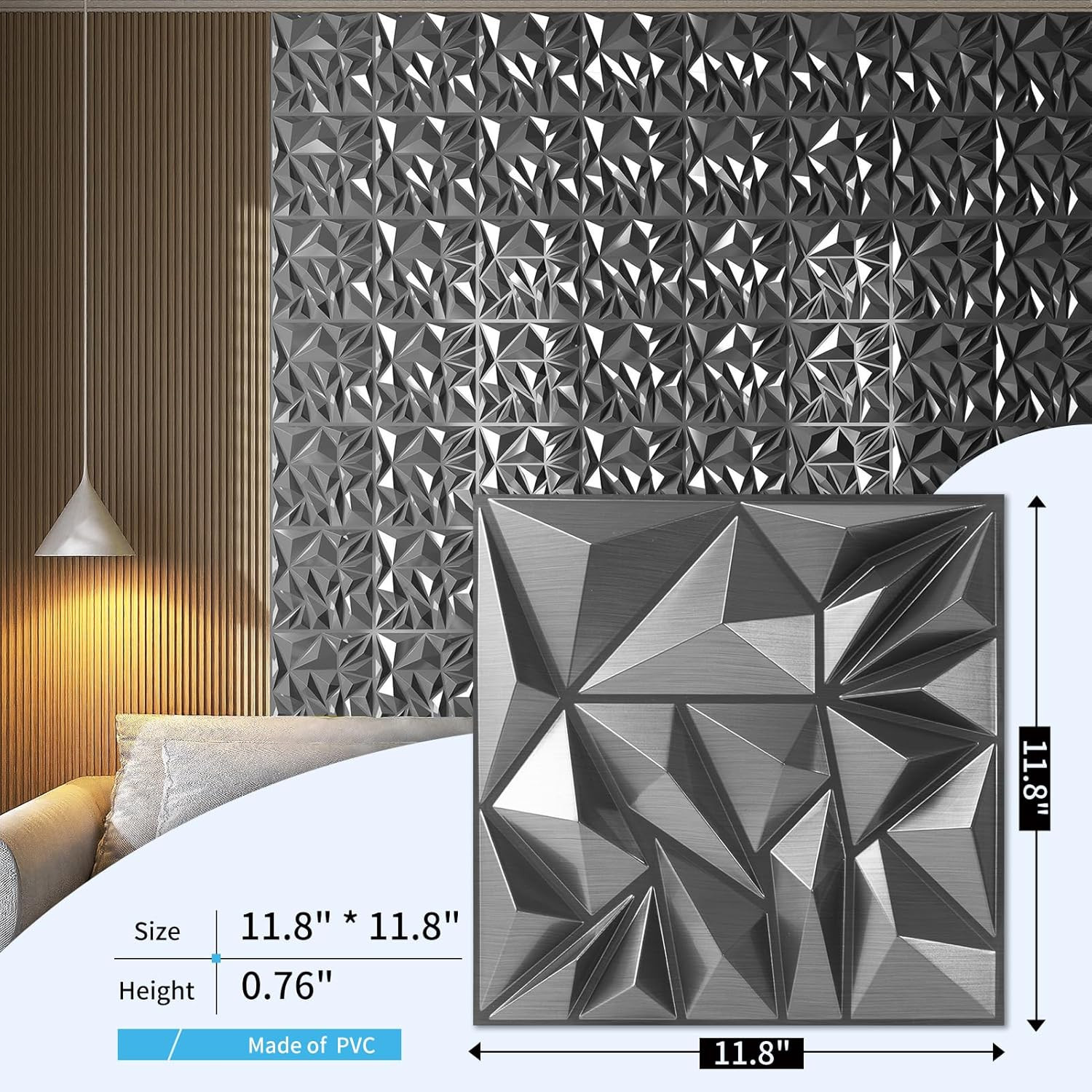 33-Pack 3D Diamond Wall Panels – Silver for Gaming & Living Room Decor