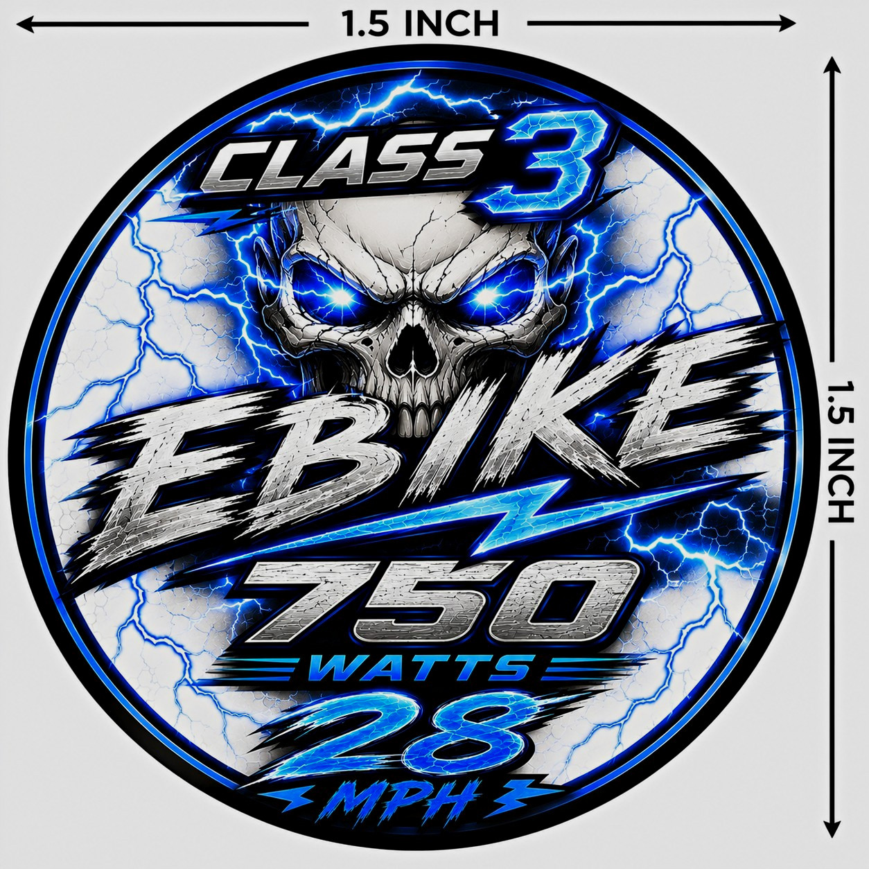 Class 3 Ebike 750W 28 MPH Skull Lightning Round Decal Sticker 1.5 in