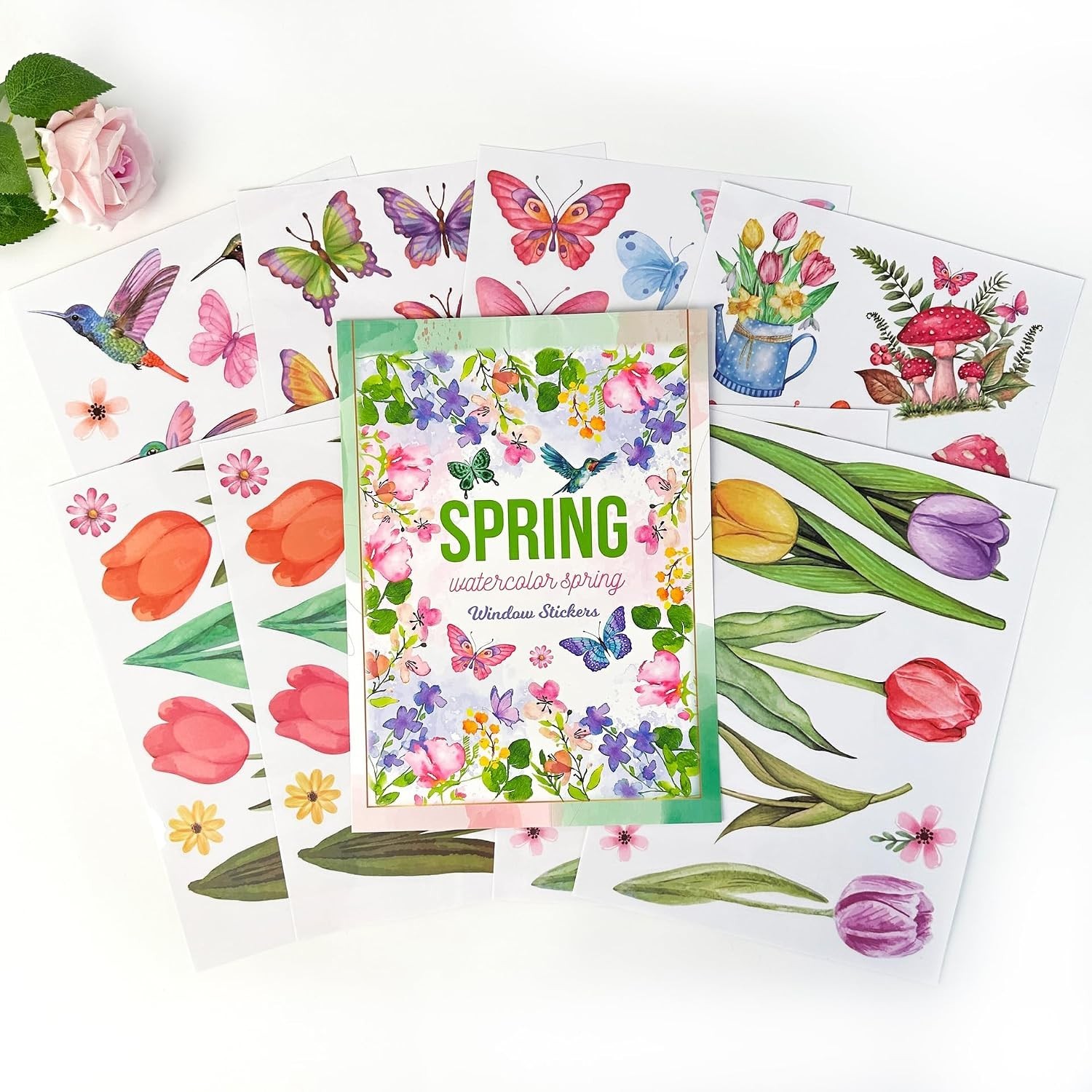 Spring Window Cling Sticker – 83PCS Tulip Butterfly Flower Hummingbirds Windo…