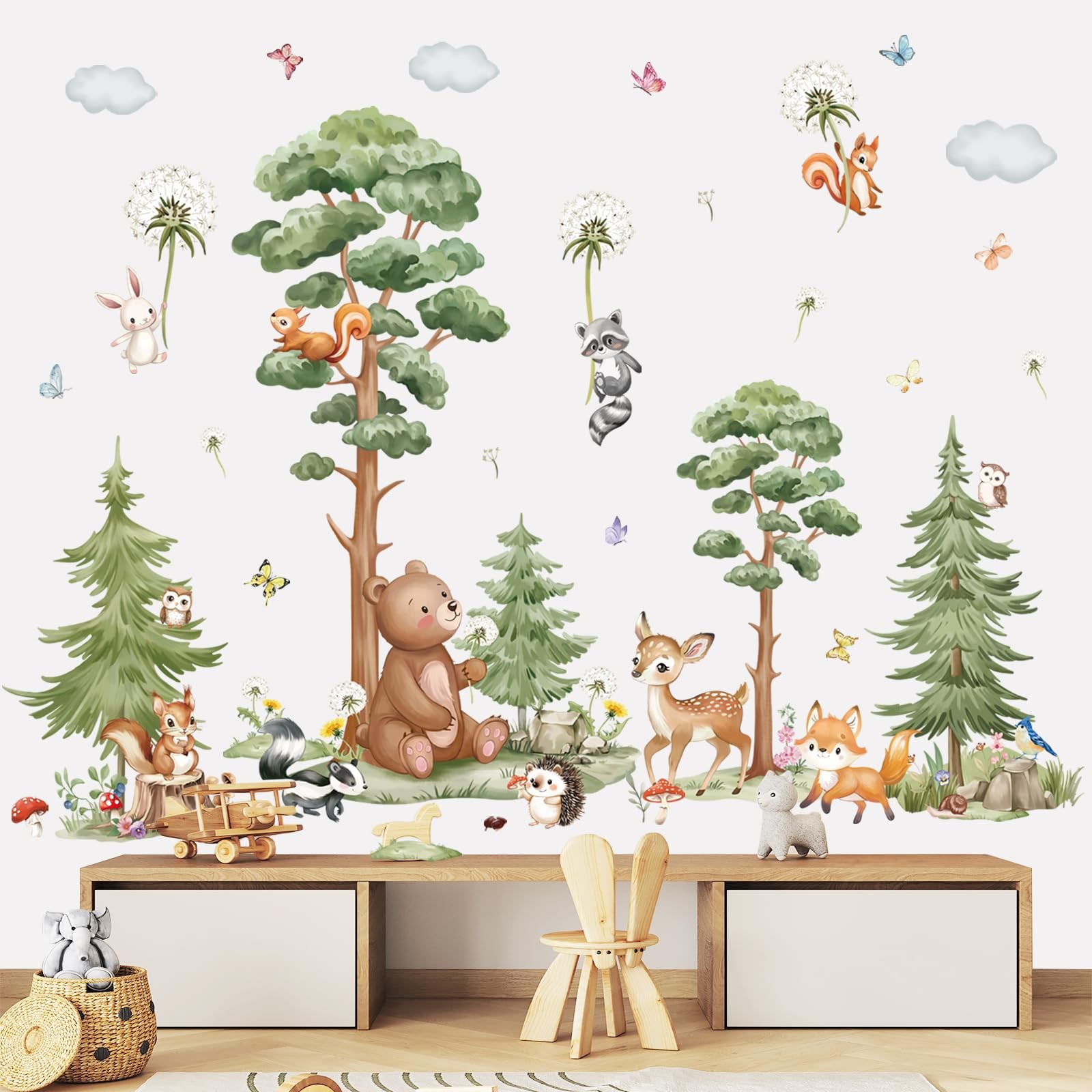 Large Woodland Animal Tree Wall Stickers Forest Animals Bear Deer Dandelion P…
