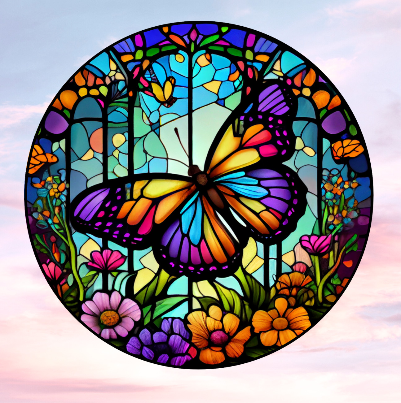 Butterfly Faux Stained-Glass WINDOW CLING Sun-catcher Size 8" Round Vinyl