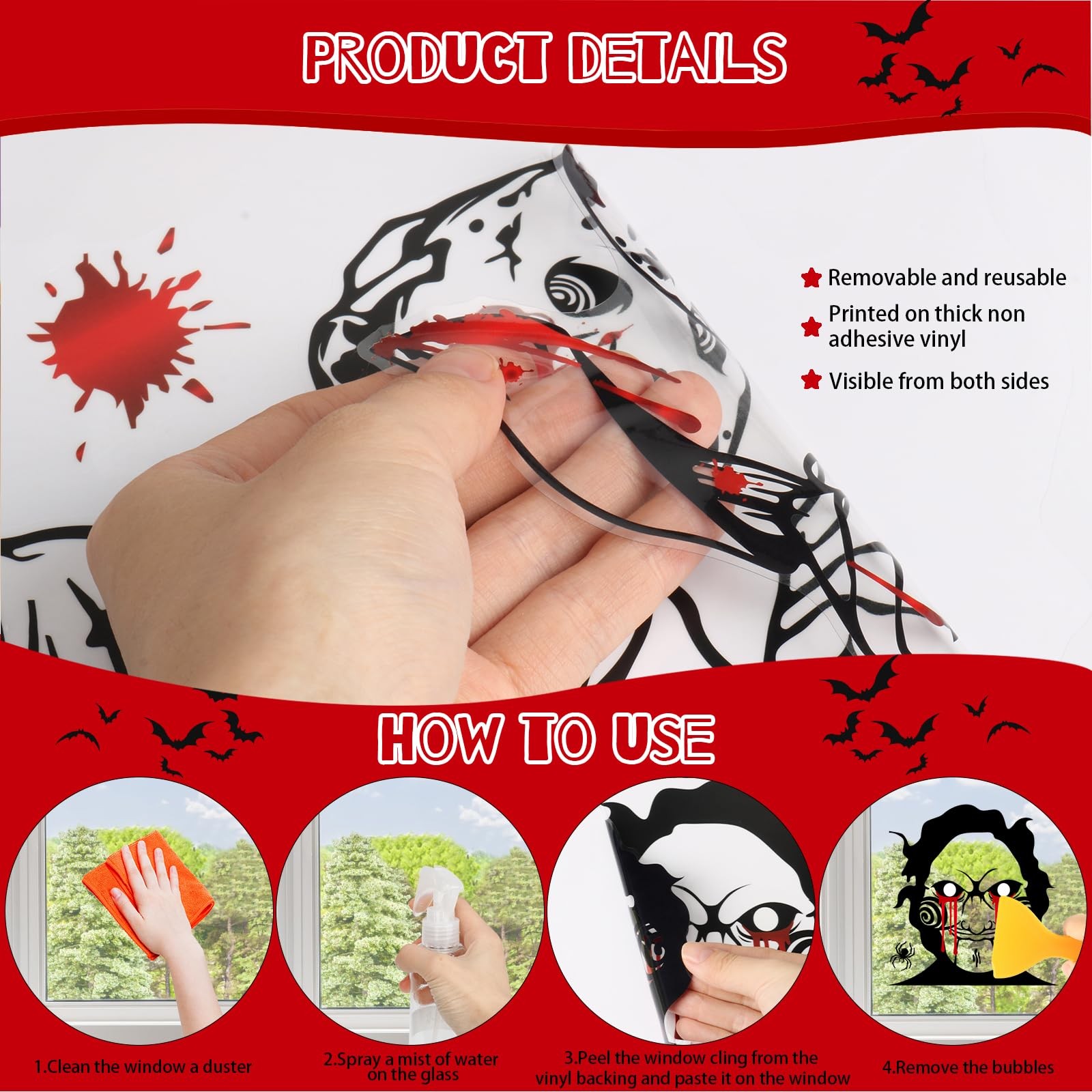 Auzesto 60Pcs Scary Halloween Decoration Window Clings, 9 Horror Characters