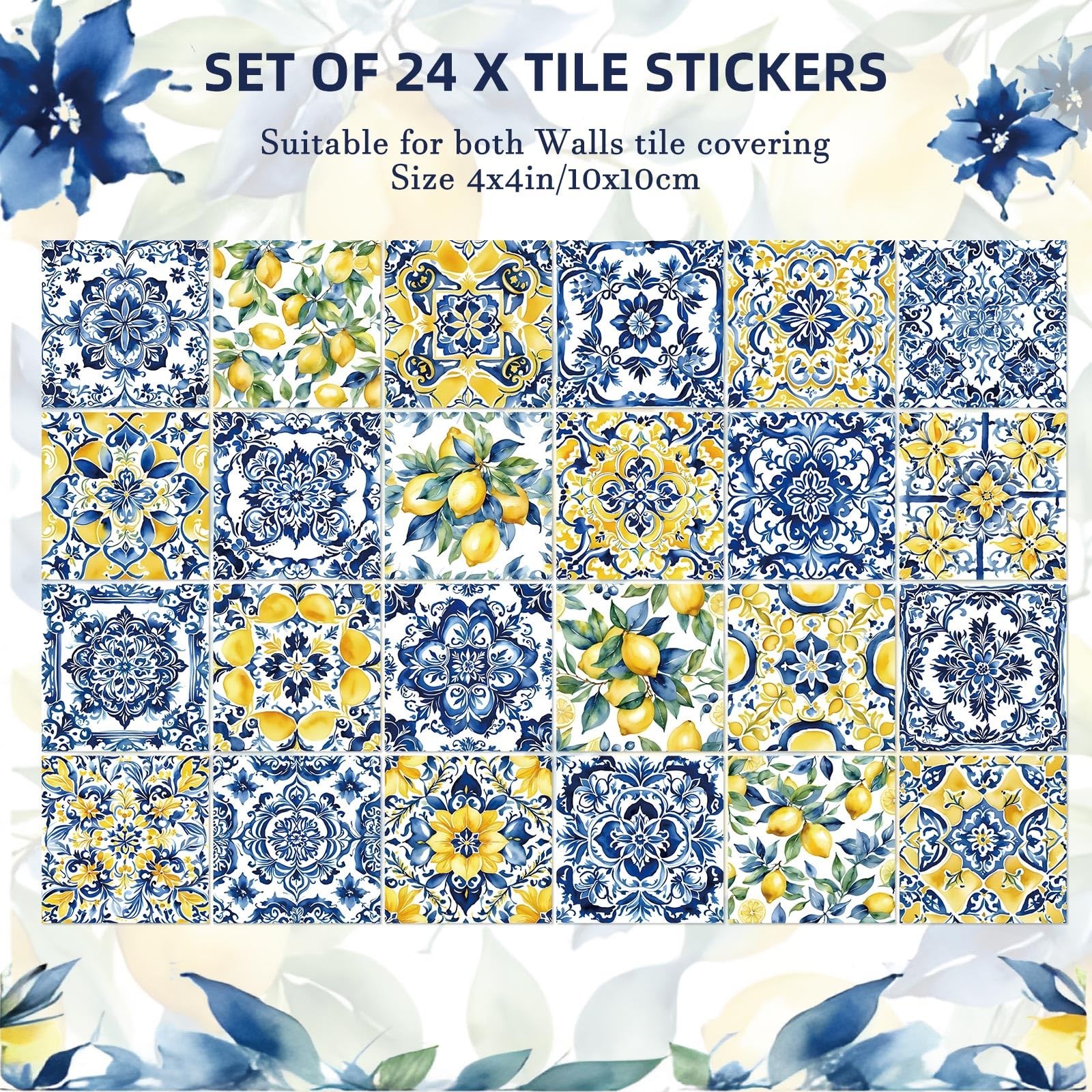 24 Pcs Lemon Tile Stickers 4×4 Inch Watercolor Mediterranean Lemon Summer Pee…