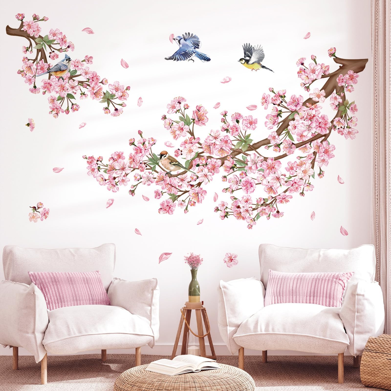 Cherry Blossom Branch Wall Decals Pink Floral Birds Wall Stickers Bedroom Liv…
