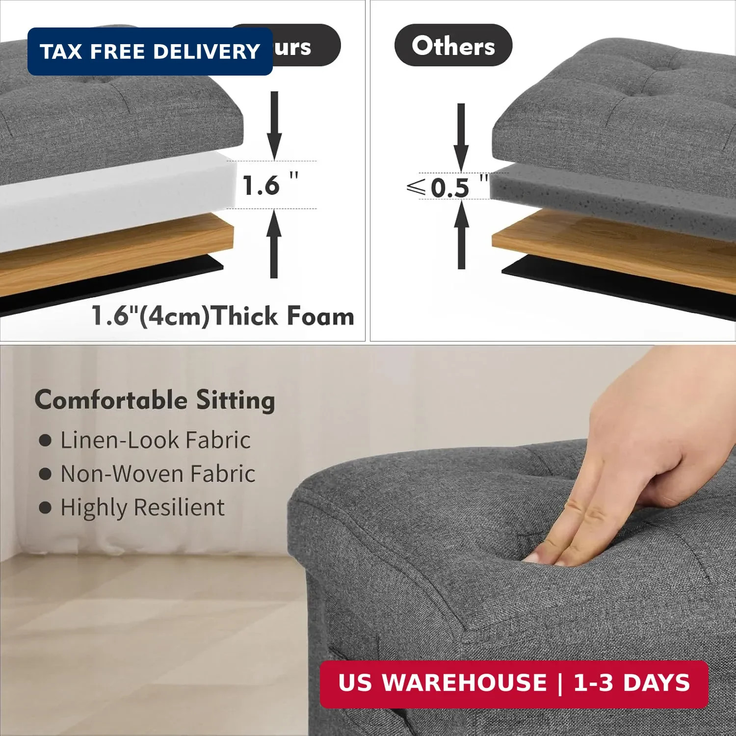 Storage Ottoman. Foot Rest Stool with Thicker Foam Padded Seat. Linen Footstool