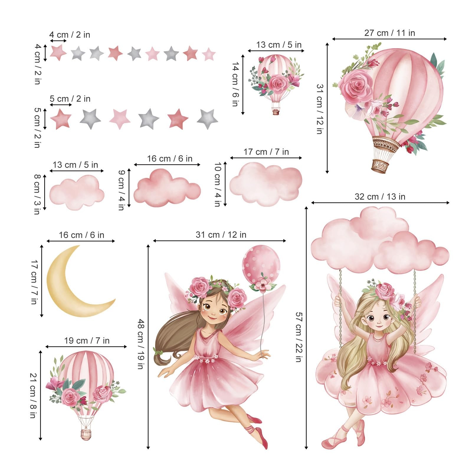Pink Fairy on Swing Wall Stickers Girl Hot Balloon Flowers Peel and Stick Wal…