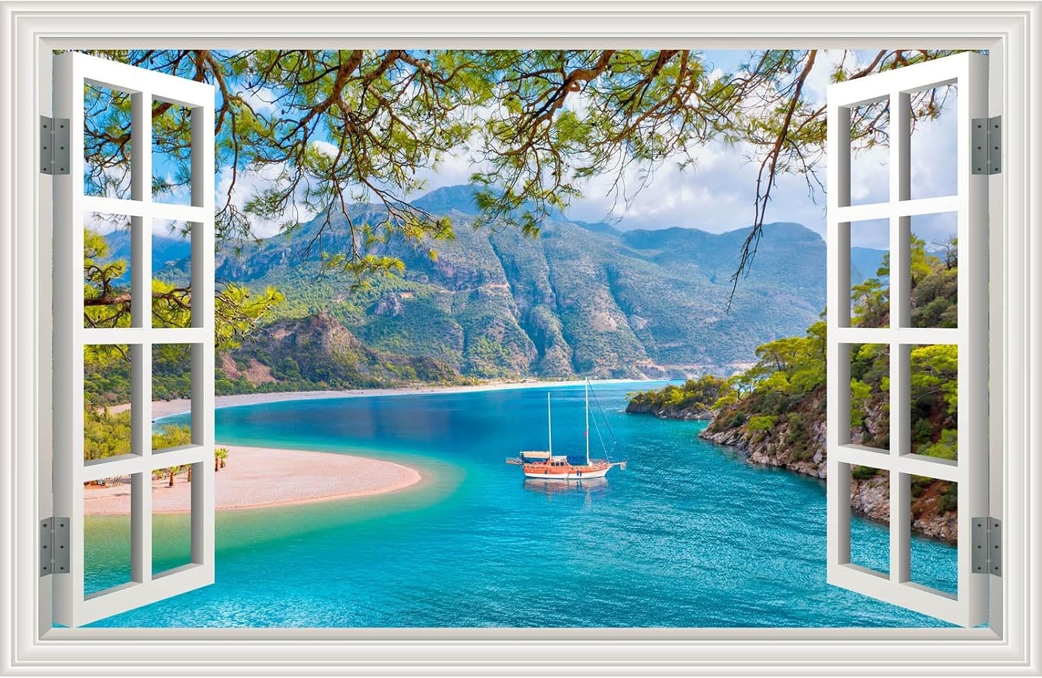 Fake Window Wall Mural Sticker Mountain Lake Forest Tree Faux Window Wall Cling