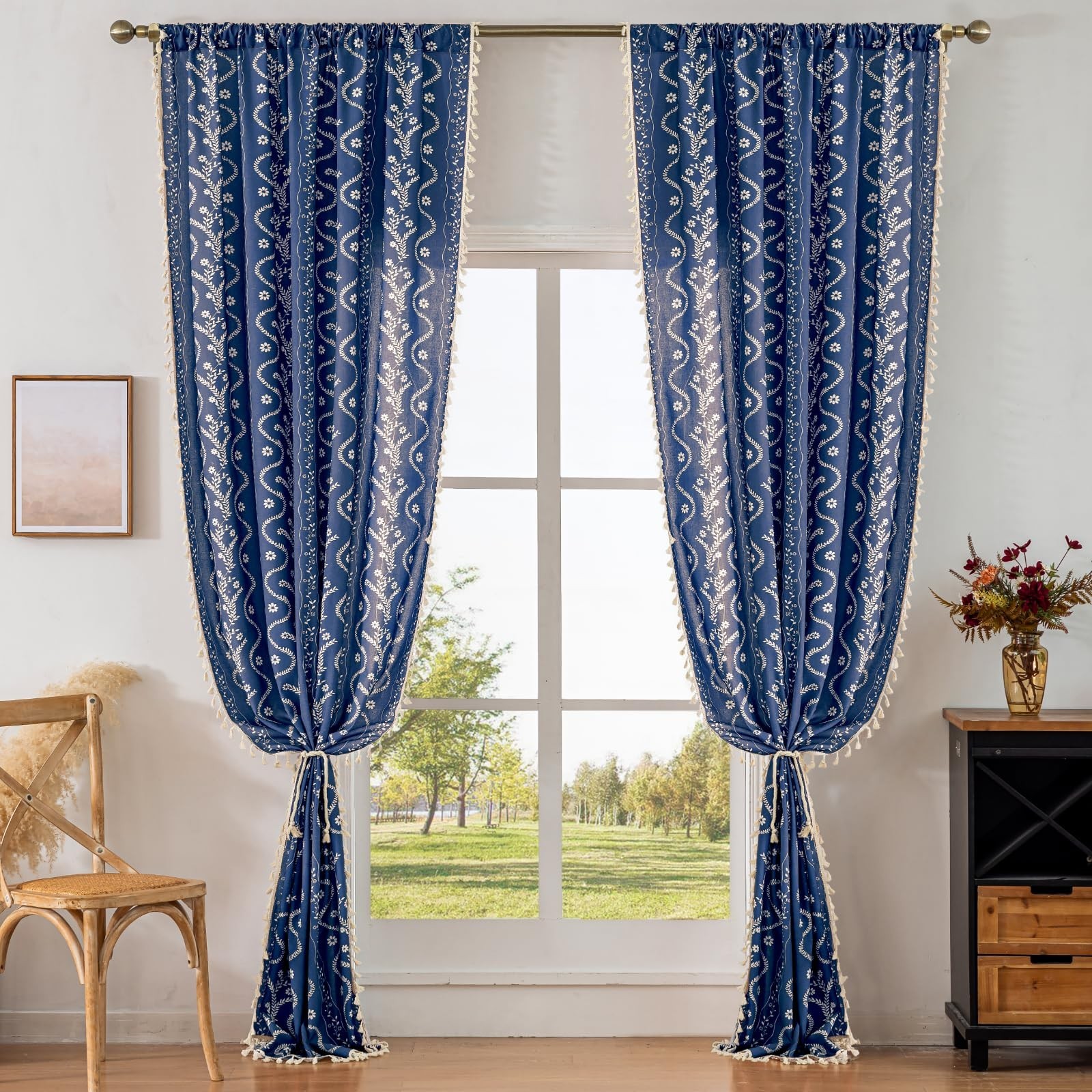 Navy Blue Boho Curtains 84 Inch Long for Living Room, Bedroom, 2 Panels Flora…