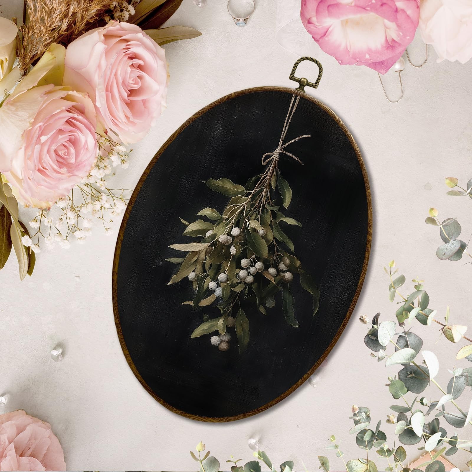 JQF Moody Mistletoe Christmas Oval Wall Art, Vintage Dark Academia Botanical …