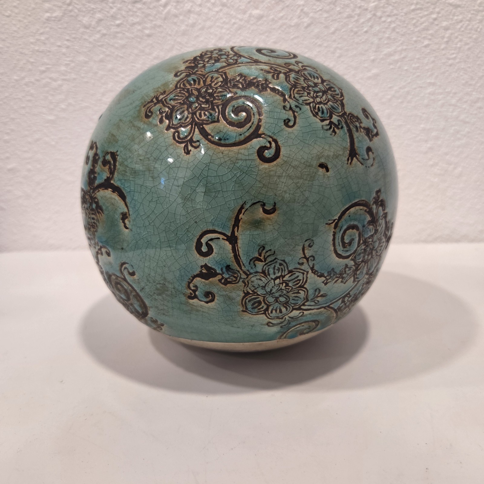 Vintage Turquoise Crackle Glaze Ceramic Decorative Orb Sphere 7” Floral Scroll