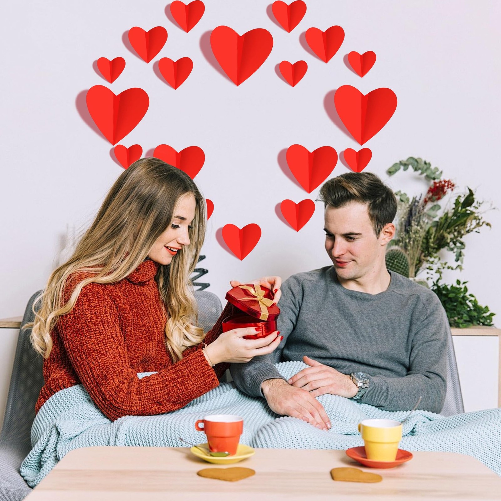 120 Pcs Valentine's Day Wall Stickers, 3D Red Heart Waterproof Decals for Wed…