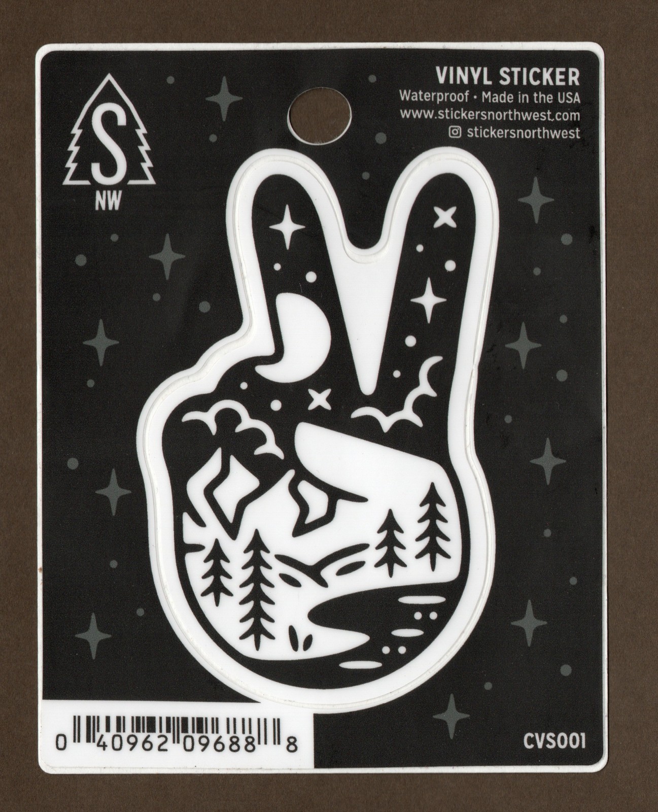 Peace Sign Vinyl Sticker Decal, 3.5", Nature/Forest Theme, 2 Finger Hand B & W