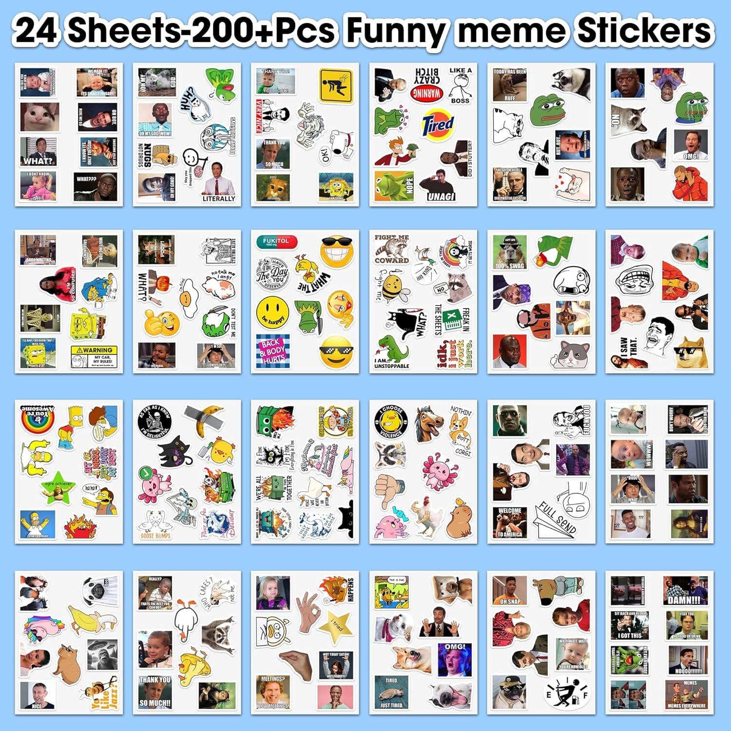 Funny Meme Stickers Pack – 24 Sheets (200+ pcs) Waterproof Vinyl Stickers for