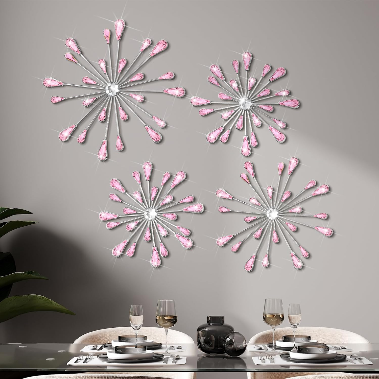 4 Pcs Starburst Wall Decor Bling Wall Art Crystal Teardrop 3D Hanging Rhinestone