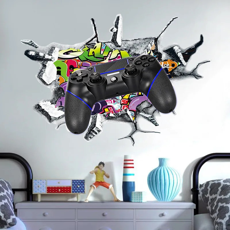 3D Broken Wall Gaming Controller Vinyl Sticker Kids Room Boy Bedroom Decor