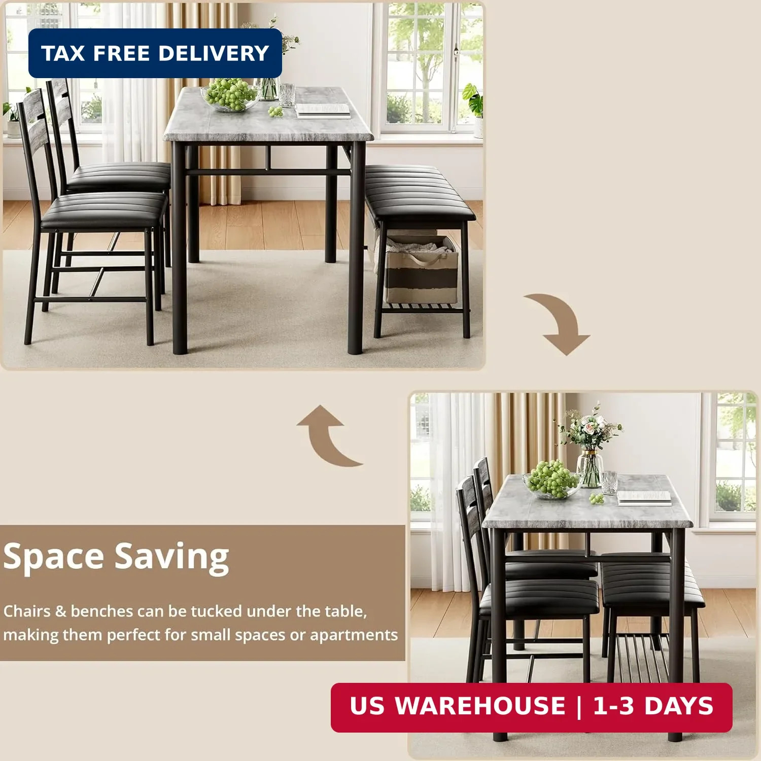 4 Piece Dining Table Set with Upholstered Bench 2 Chairs Gray for Small Space
