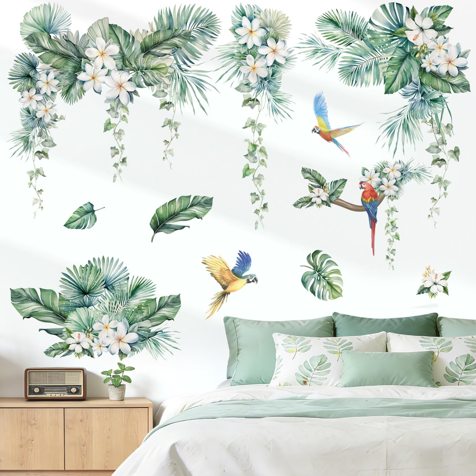Peelora Jungle Leaves Flower Wall Stickers Hanging Vines Palm Leaf Parrot Wal…
