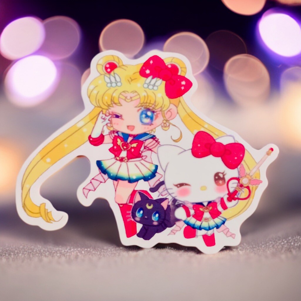 Sailor Moon x Sanrio Sticker SET OF 6, Clear Decals 3.5” Hello Kitty Kuromi