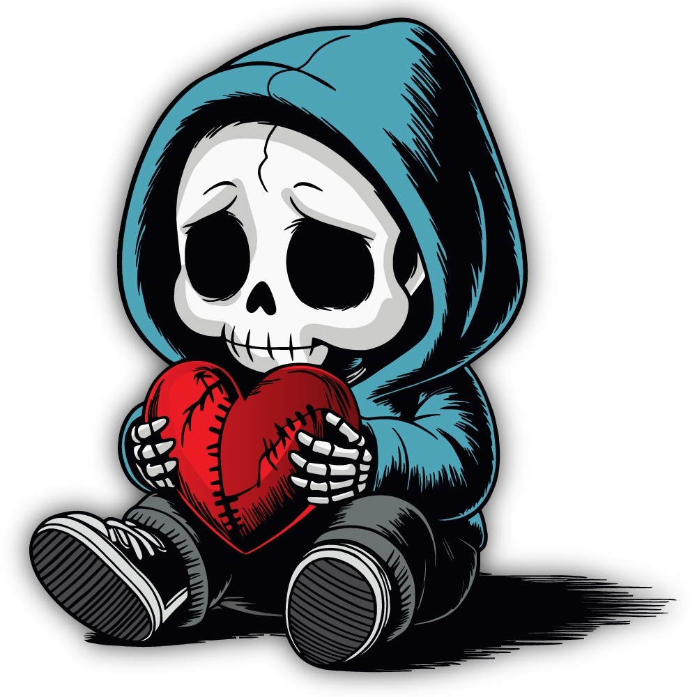 Sad Skeleton w/ Mended Broken Heart in Hands Cut To Shape Vinyl Sticker