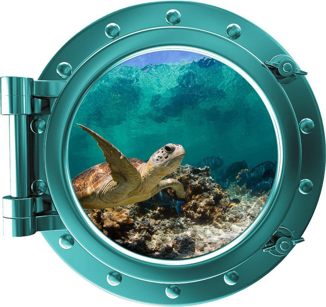 PortScape COLORED Sea Turtle #4 Porthole Ocean Window Wall Decal Vinyl Sticker