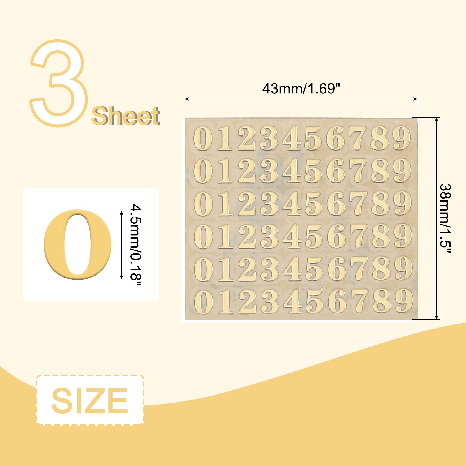 3 Sheets 4.5mm/0.18inch Mini Number Stickers Number 0-9 Sticker Gold