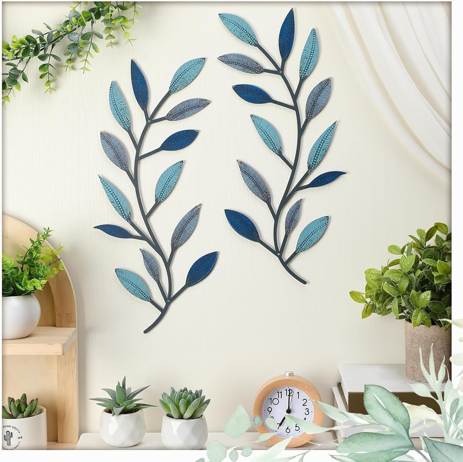 Stylish Vintage Blue Olive Branch Wall Art Set – 2 Durable Metal Pieces
