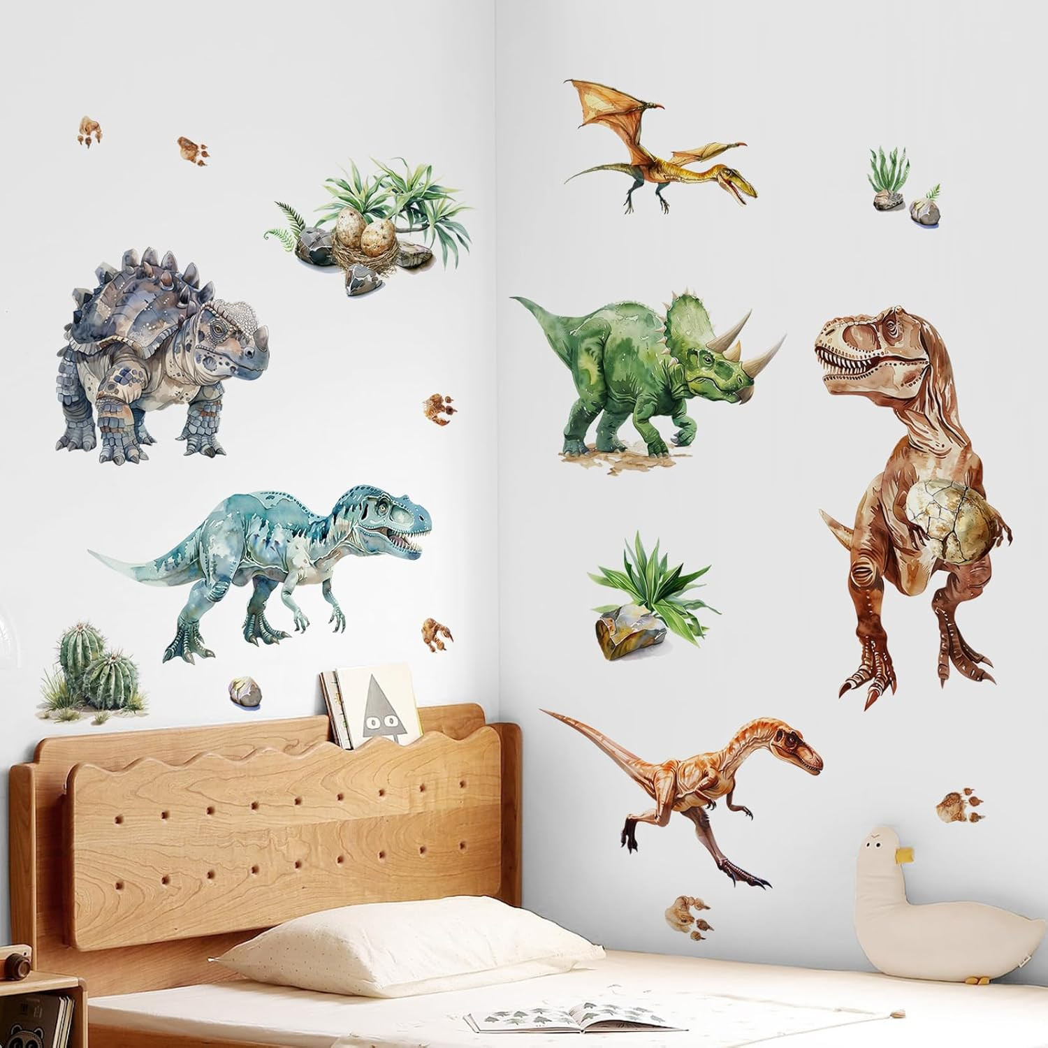 Dinosaur Wall Decals, Large Dino Wall Stickers Volcano Tropical Plants Cactus Pe
